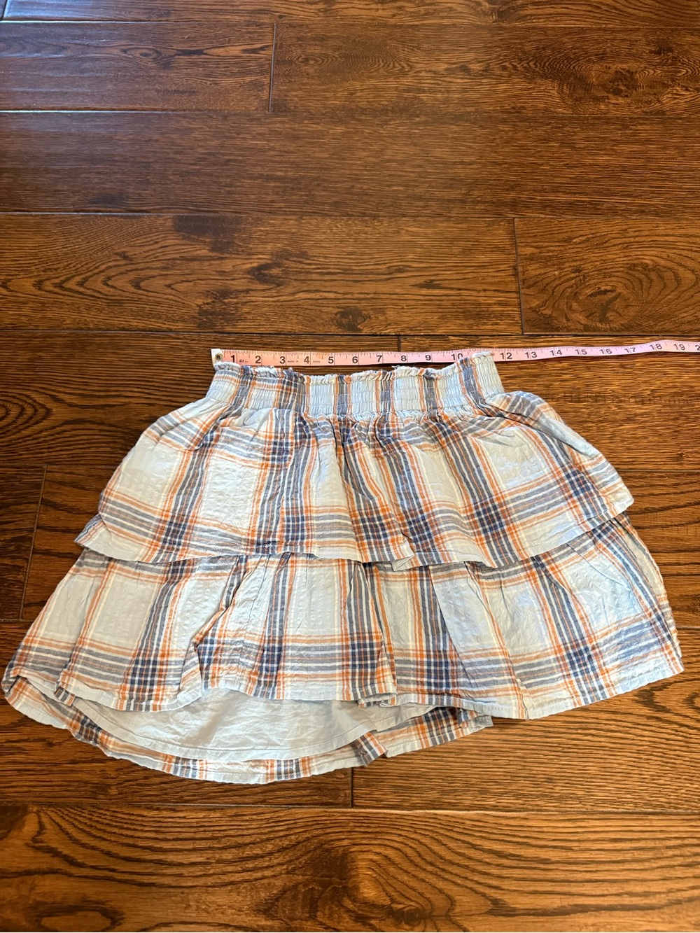 aerie Tiered Plaid Mini Skirt in White, Blue, and clay